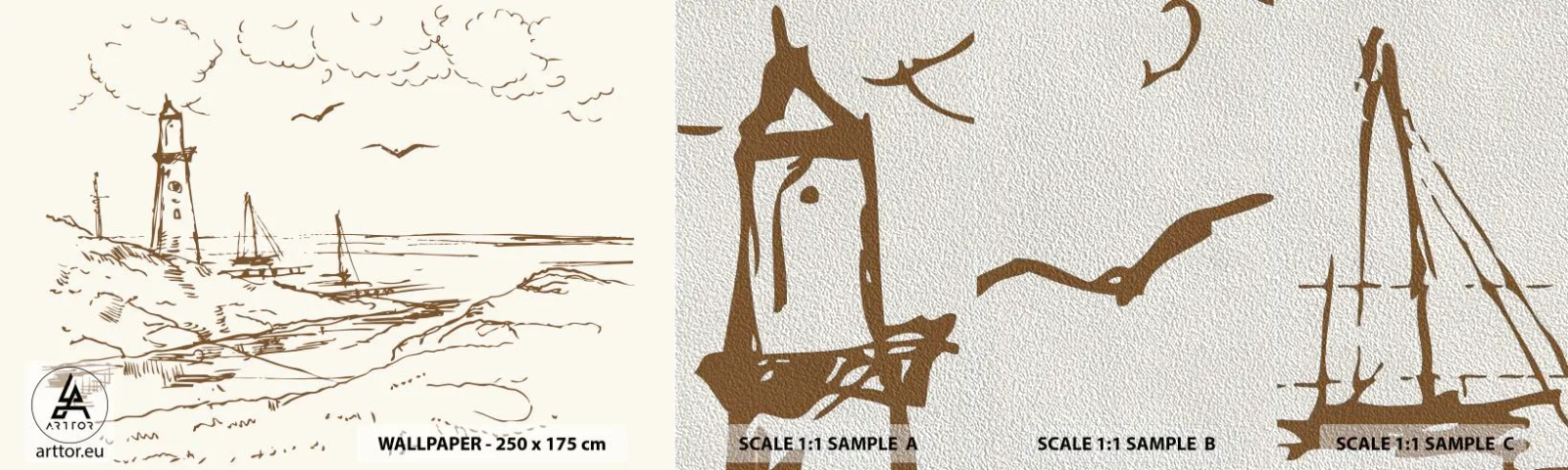 Échantillon de Papier Peint Premium Sand - Esquisse de souvenirs d'été - Graphique, Côte, Phare - 100x30 cm