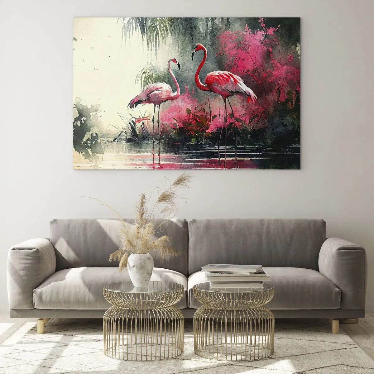 Impression sur verre - Image sur verre - Deux flamants roses dans un décor tropical au bord de l'eau - 70x50cm - Une leçon de grâce naturelle - Décoration murale moderne pour le salon et la chambre ARTTOR