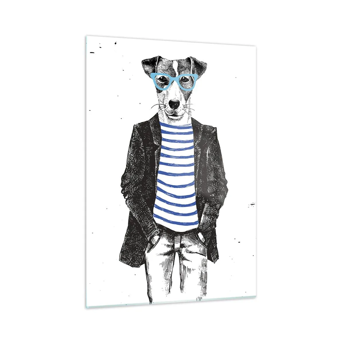 Impression sur verre - Image sur verre - Illustration d'un chien portant une chemise de marin et des lunettes sur fond blanc - 50x70cm - Un charme de chien - Décoration murale moderne pour le salon et la chambre ARTTOR
