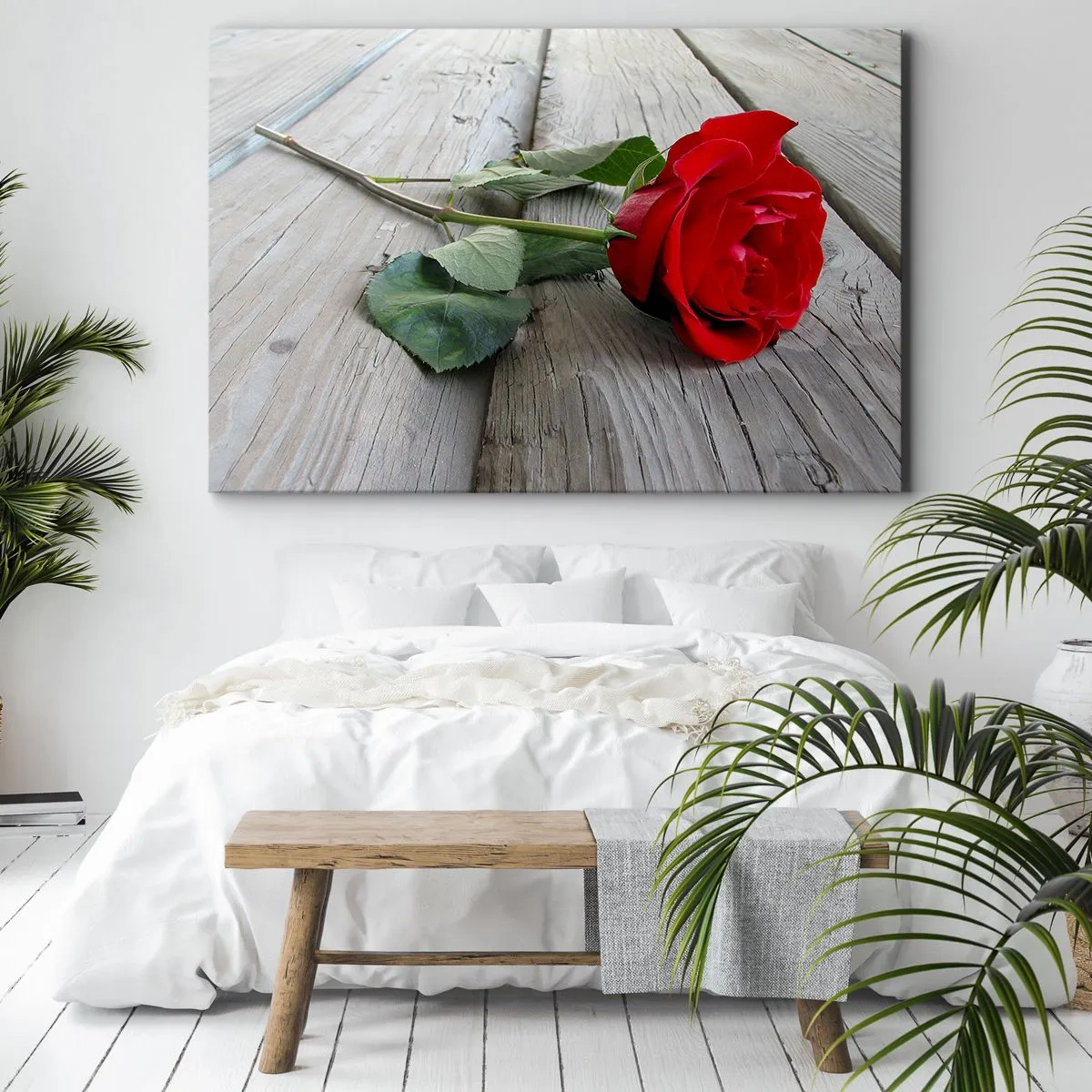 Impression sur toile - Image sur toile - Rose rouge sur fond de bois - 100x70cm - Étude écarlate - Décoration murale moderne pour le salon et la chambre ARTTOR