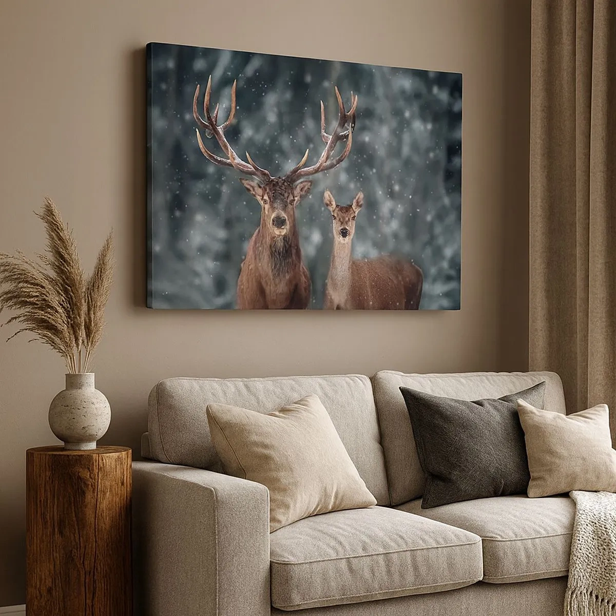 Impression sur toile - Image sur toile - Cerf dans une forêt d'hiver enneigée - 70x50cm - Le roi de la forêt avec sa femme - Décoration murale moderne pour le salon et la chambre ARTTOR