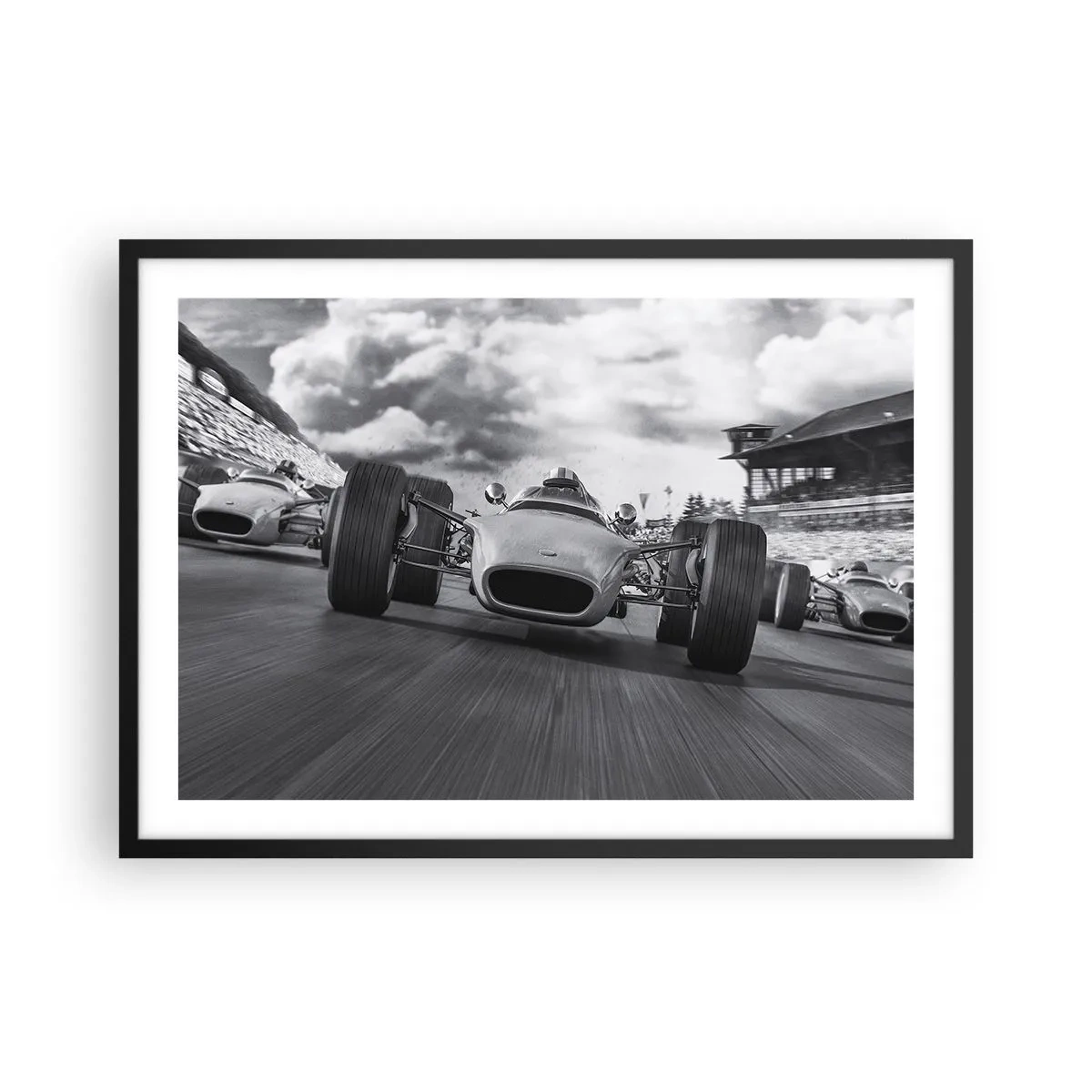 Affiche dans un cadre noir - Poster - Course de voitures classiques en mouvement - 70x50cm - Puissance! - Décoration murale moderne pour le salon et la chambre ARTTOR
