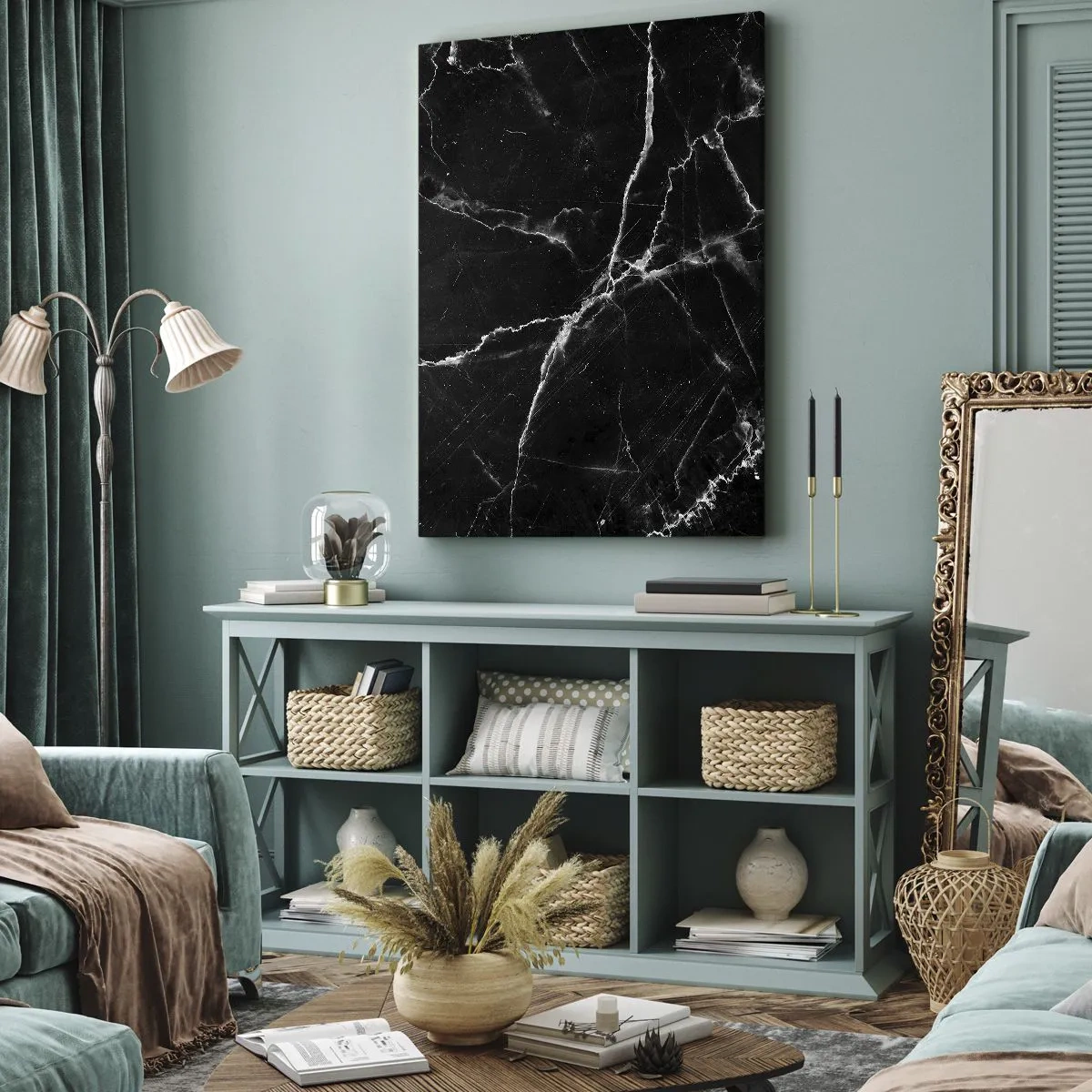 Impression sur toile - Image sur toile - Marbre noir avec des veines blanches dans les détails - 50x70cm - La vie secrète de la pierre - Décoration murale moderne pour le salon et la chambre ARTTOR
