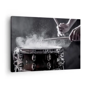 Impression sur toile - Image sur toile - Frapper la caisse claire avec des baguettes avec un effet de poussière - 70x50cm - Tempo de la musique - Décoration murale moderne pour le salon et la chambre ARTTOR