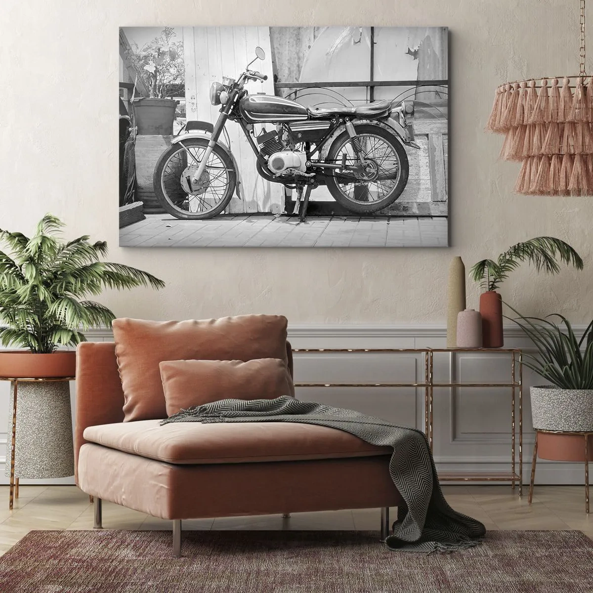 Impression sur toile - Image sur toile - Photo en noir et blanc d'une moto classique - 70x50cm - Classique au dessus de tout - Décoration murale moderne pour le salon et la chambre ARTTOR