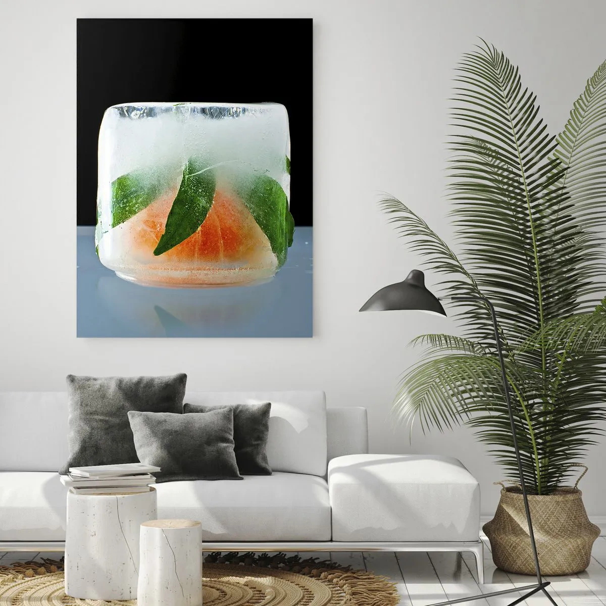 Impression sur verre - Image sur verre - Fruits et feuilles congelés dans de la glace transparente - 50x70cm - Fraîcheur et rafraîchissement - Décoration murale moderne pour le salon et la chambre ARTTOR