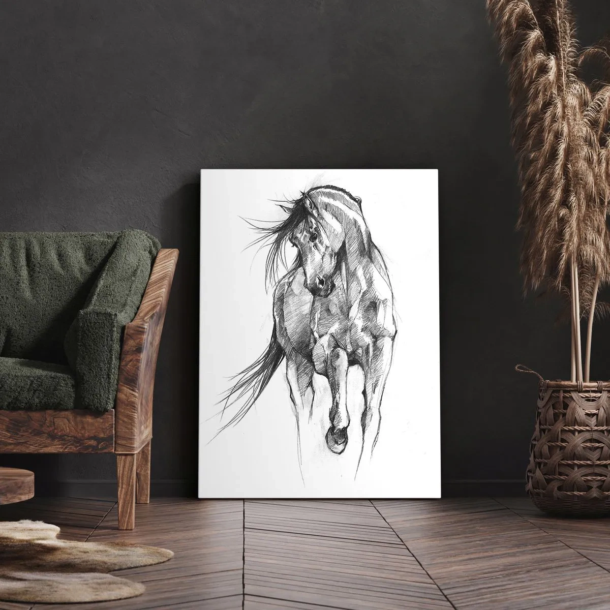 Impression sur toile - Image sur toile - Croquis en noir et blanc d'un cheval au galop - 50x70cm - D'un trot gracieux - Décoration murale moderne pour le salon et la chambre ARTTOR