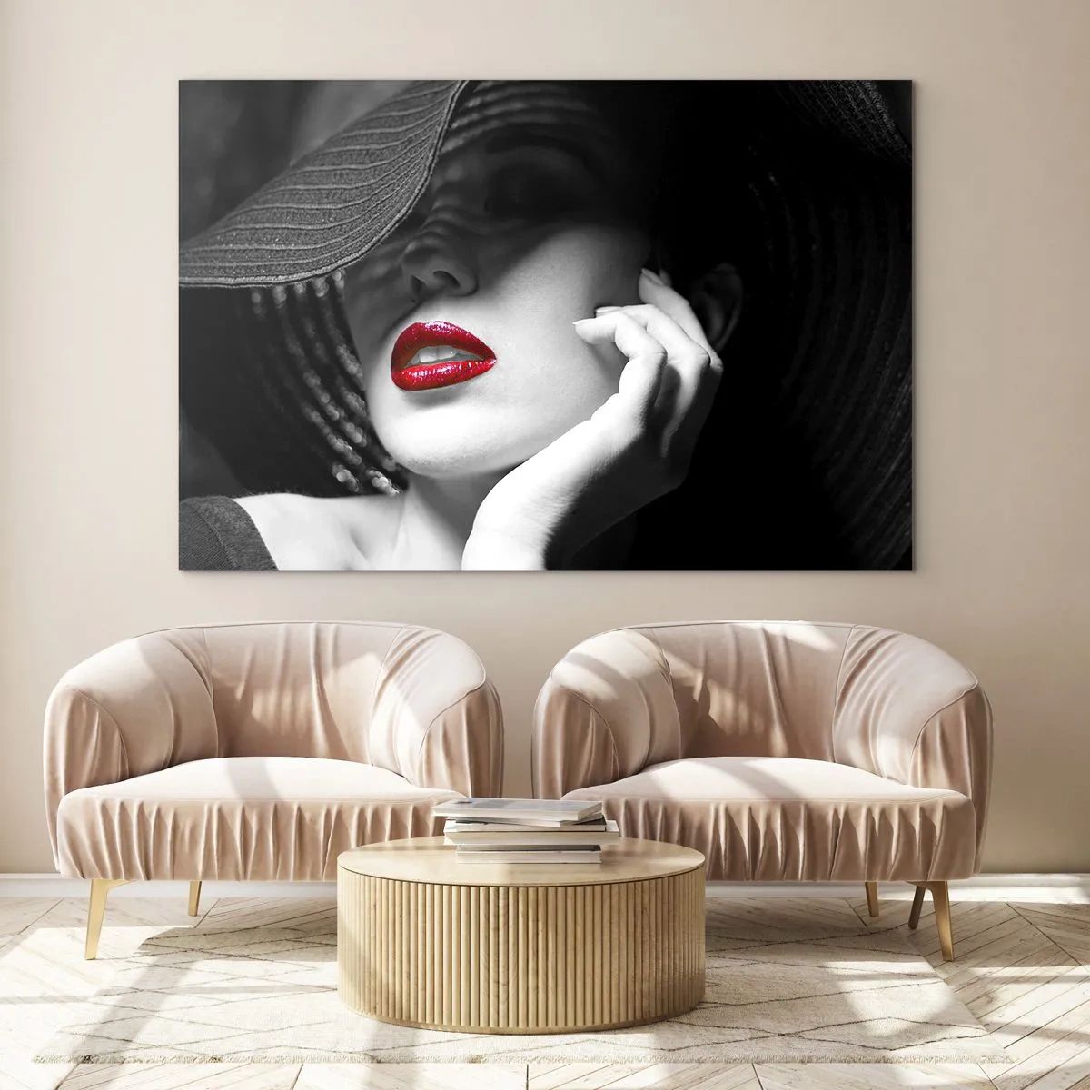 Impression sur verre - Image sur verre - Composition en noir et blanc avec un accent de lèvres rouges - 70x50cm - Étude écarlate - Décoration murale moderne pour le salon et la chambre ARTTOR