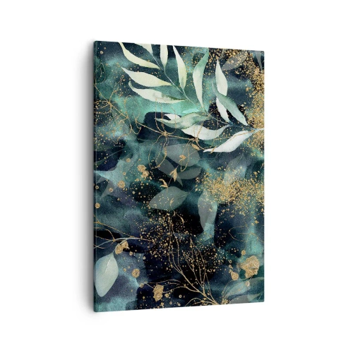 Impression sur toile - Image sur toile - Feuilles élégantes sur un fond sombre avec des accents dorés - 50x70cm - Jardin magique - Décoration murale moderne pour le salon et la chambre ARTTOR