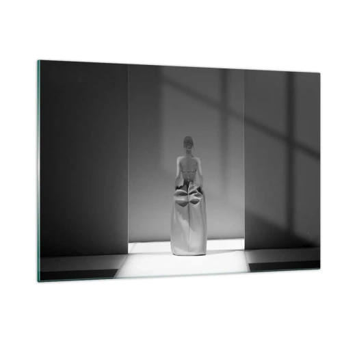 Impression sur verre - Image sur verre - Une photo en noir et blanc d'une femme en robe sur fond de lumière. - 120x80cm - Simplicité raffinée - Décoration murale moderne pour le salon et la chambre ARTTOR