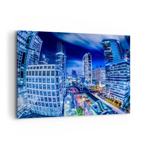 Impression sur toile - Image sur toile - Panorama nocturne de la ville avec gratte-ciels et lampadaires - 120x80cm - Rythmes de la ville nocturne - Décoration murale moderne pour le salon et la chambre ARTTOR