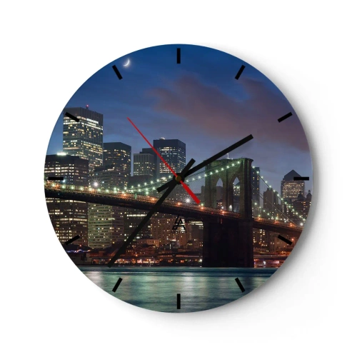 Horloge murale - Pendule murale - Pont de Brooklyn avec vue sur la ville la nuit - 30x30cm - Nuit rougeoyante - Décoration murale moderne pour le salon, la cuisine et la chambre ARTTOR