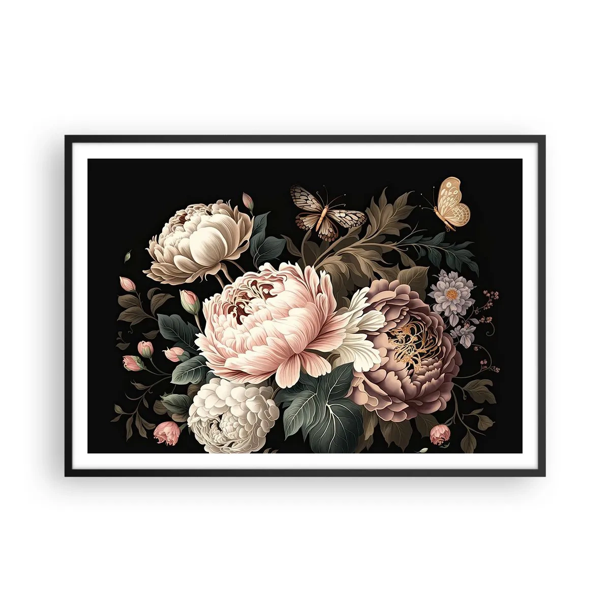 Affiche dans un cadre noir - Poster - Un bouquet de fleurs roses et de papillons sur fond noir - 100x70cm - De style baroque - Décoration murale moderne pour le salon et la chambre ARTTOR
