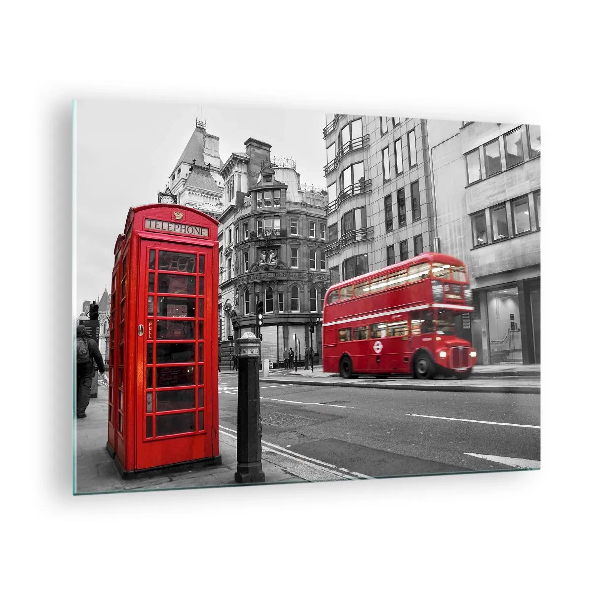 Impression sur verre - Image sur verre - Cabine téléphonique rouge et bus à Londres - 70x50cm - Le plus rouge d'Europe - Décoration murale moderne pour le salon et la chambre ARTTOR