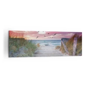 Impression sur toile - Image sur toile - Chemin en bois sur la plage au coucher du soleil rose - 160x50cm - Impression de la Baltique - Décoration murale moderne pour le salon et la chambre ARTTOR