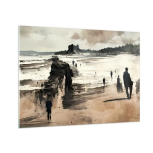 Impression sur verre - Image sur verre - Silhouettes marchant sur une large plage sous un ciel nuageux - 70x50cm - Invoqué - Décoration murale moderne pour le salon et la chambre ARTTOR
