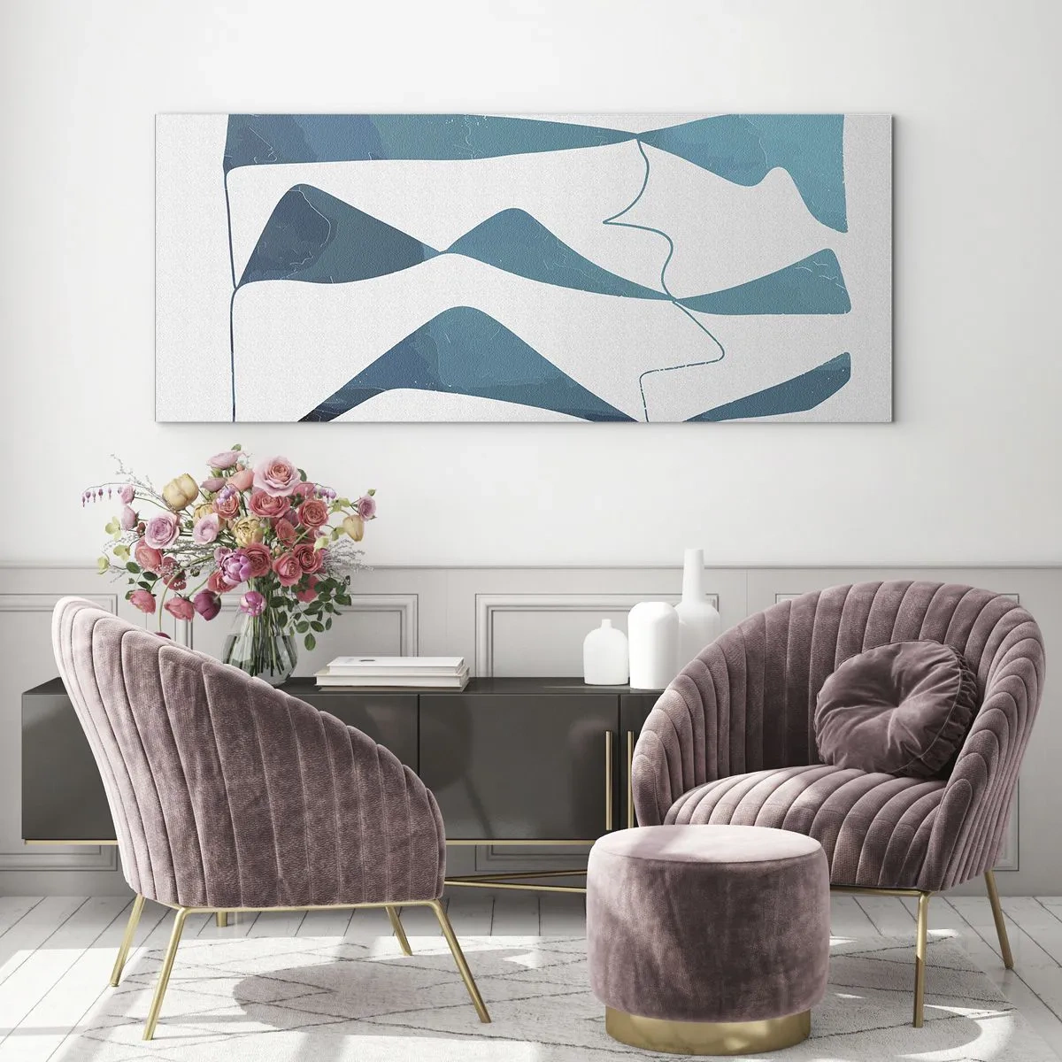 Impression sur verre - Image sur verre - Formes abstraites dans des tons de bleu sur fond blanc - 140x50cm - Abstraction : composé turquoise - Décoration murale moderne pour le salon et la chambre ARTTOR