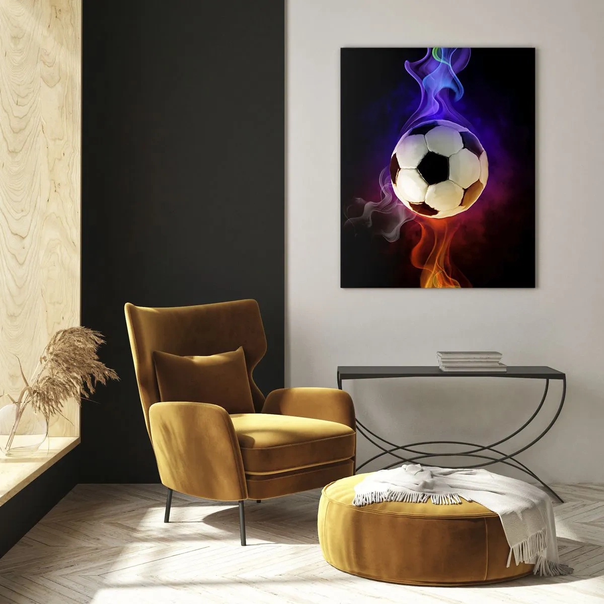Impression sur verre - Image sur verre - Un ballon de football entouré de stries colorées - 50x70cm - Le pouvoir magique du jeu - Décoration murale moderne pour le salon et la chambre ARTTOR