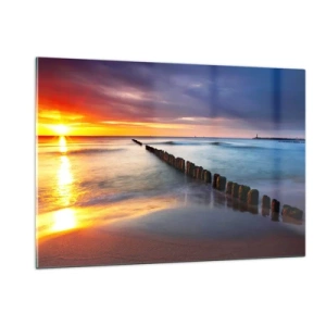 Impression sur verre - Image sur verre - Coucher de soleil sur la mer avec des brise-lames en bois - 120x80cm - Ecoute le silence - Décoration murale moderne pour le salon et la chambre ARTTOR