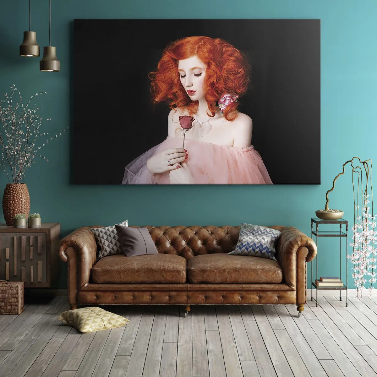 Impression sur toile - Image sur toile - Une femme aux cheveux roux tenant une rose - 70x50cm - De style baroque - Décoration murale moderne pour le salon et la chambre ARTTOR