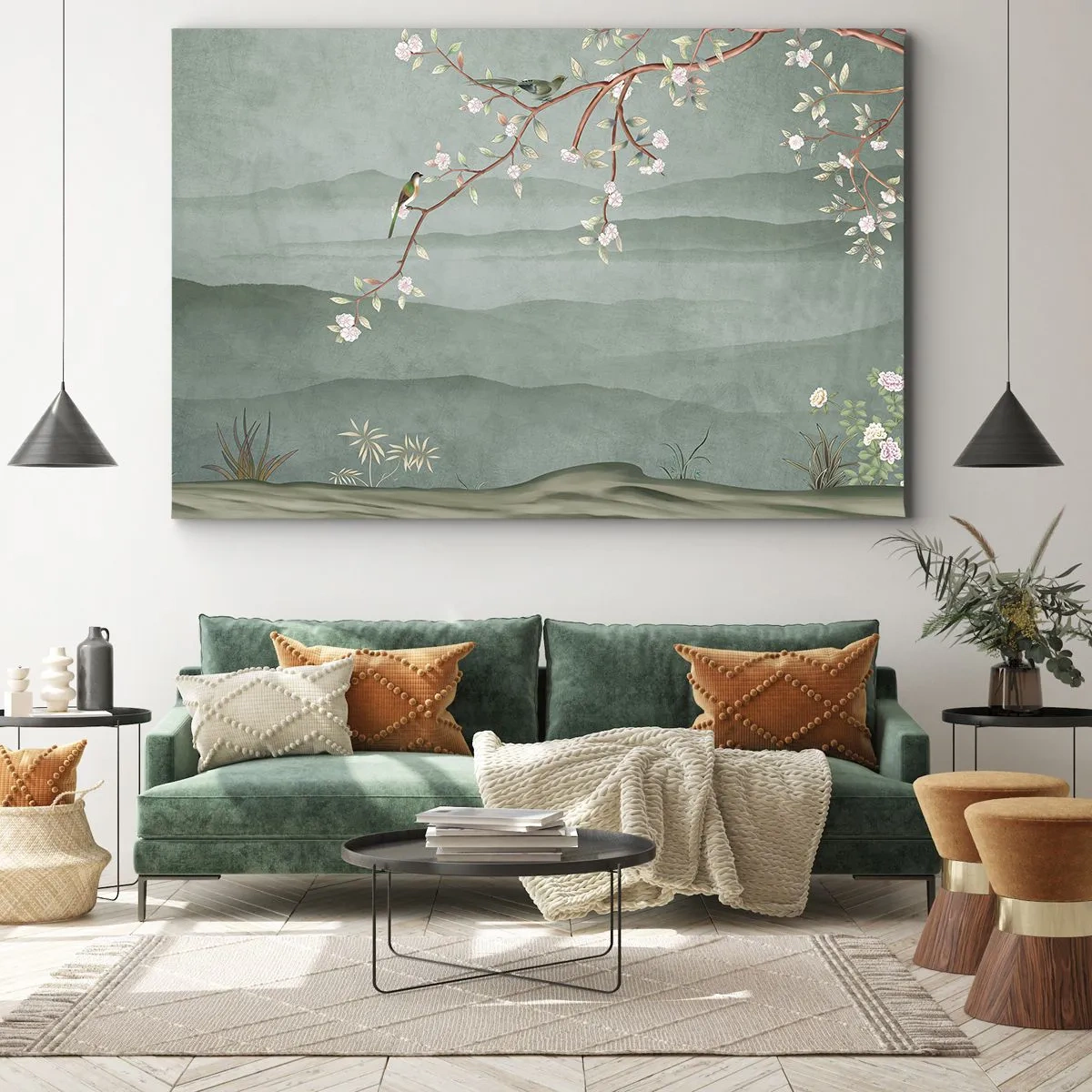 Impression sur toile - Image sur toile - Une image pittoresque d'une branche d'arbre en fleurs avec des oiseaux sur fond de collines verdoyantes. - 70x50cm - Printemps oh c'est toi - Décoration murale moderne pour le salon et la chambre ARTTOR