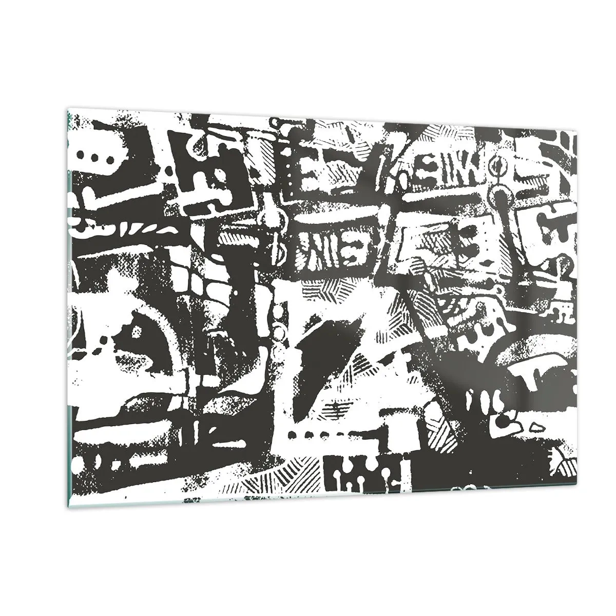 Impression sur verre - Image sur verre - Abstraction en noir et blanc avec des motifs géométriques et techniques - 120x80cm - Ordre ou chaos? - Décoration murale moderne pour le salon et la chambre ARTTOR