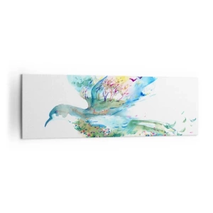 Impression sur toile - Image sur toile - Composition à l'aquarelle d'un oiseau avec des éléments de la nature - 160x50cm - Sur les ailes de la nature - Décoration murale moderne pour le salon et la chambre ARTTOR