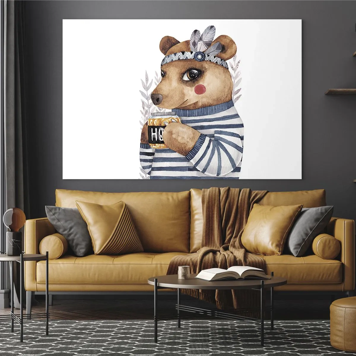 Impression sur verre - Image sur verre - Un ours en peluche rayé avec une tasse de miel et des plumes - 100x70cm - Un nounours trop mignon - Décoration murale moderne pour le salon et la chambre ARTTOR
