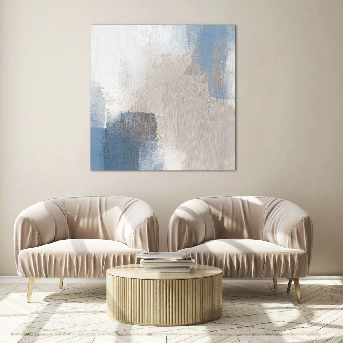 Impression sur verre - Image sur verre - Abstraction rose derrière un rideau de bleu - 50x50 cm