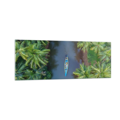Impression sur verre - Image sur verre - Vue aérienne d'un bateau sur une rivière entourée de palmiers - 140x50cm - Sur un sentier tropical - Décoration murale moderne pour le salon et la chambre ARTTOR