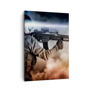 Impression sur toile - Image sur toile - Un soldat en action avec un fusil sur fond de nuages et de lumière. - 50x70cm - Tout simplement un héros - Décoration murale moderne pour le salon et la chambre ARTTOR
