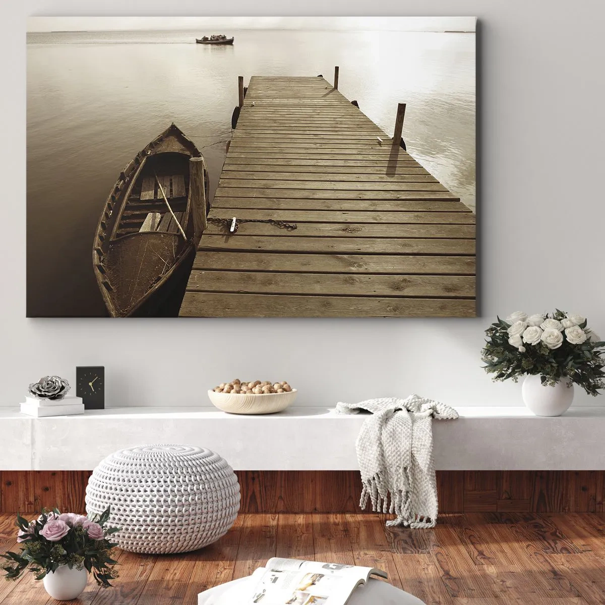 Impression sur toile - Image sur toile - Jetée en bois et bateau sur un lac calme - 100x70cm - Le grand silence - Décoration murale moderne pour le salon et la chambre ARTTOR