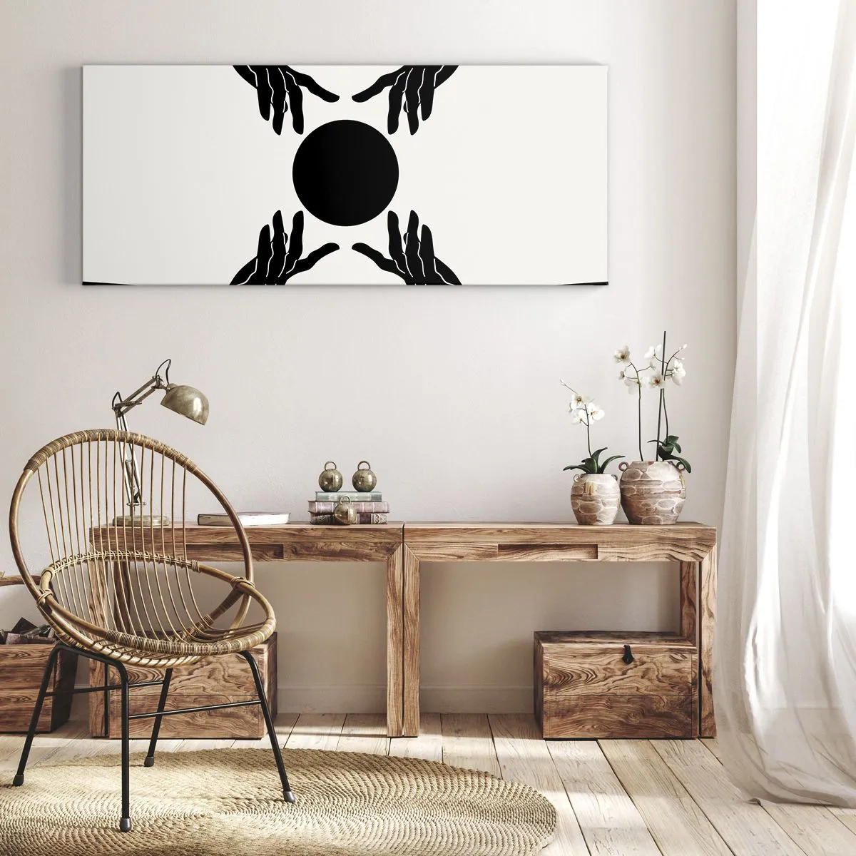 Impression sur toile - Image sur toile - Mains noires dans une composition symétrique avec une boule - 140x50cm - Signe secret - Décoration murale moderne pour le salon et la chambre ARTTOR
