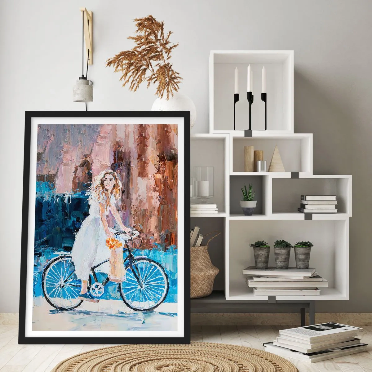 Affiche dans un cadre noir - Poster - Scène impressionniste avec un cycliste - 50x70cm - Joie du matin - Décoration murale moderne pour le salon et la chambre ARTTOR