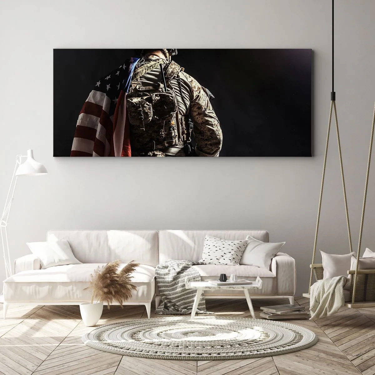 Impression sur toile - Image sur toile - Un soldat en uniforme avec un drapeau sur un fond sombre - 120x50cm - C'est exactement pour ça - Décoration murale moderne pour le salon et la chambre ARTTOR