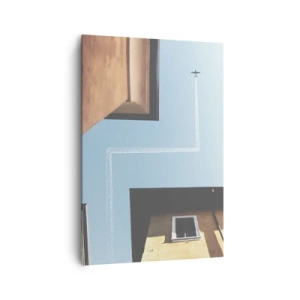 Impression sur toile - Image sur toile - Vue de l'avion et de sa traînée dans le ciel depuis une perspective de rue - 70x100cm - Au-dessus du labyrinthe de la ville - Décoration murale moderne pour le salon et la chambre ARTTOR