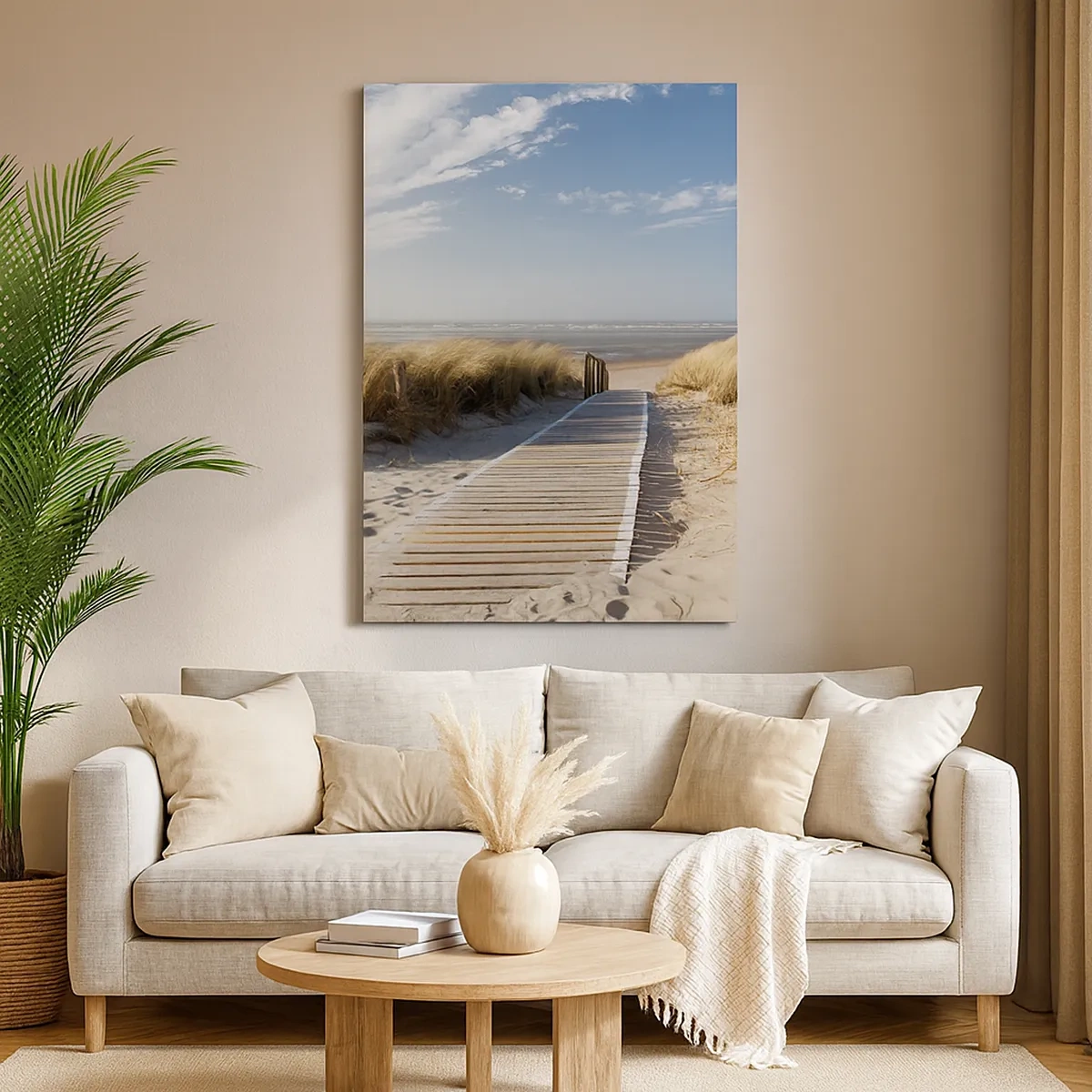 Impression sur toile - Image sur toile - Un chemin en bois mène à travers les dunes jusqu'à la mer calme - 50x70cm - Derrière la dune, dans le bruissement de l'herbe - Décoration murale moderne pour le salon et la chambre ARTTOR