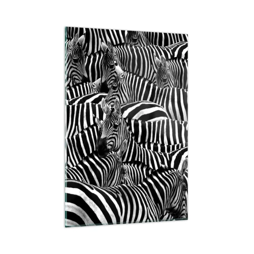 Impression sur verre - Image sur verre - Un groupe de zèbres avec des rayures noires et blanches créant un motif de symétrie. - 80x120cm - Portrait collectif à rayures - Décoration murale moderne pour le salon et la chambre ARTTOR