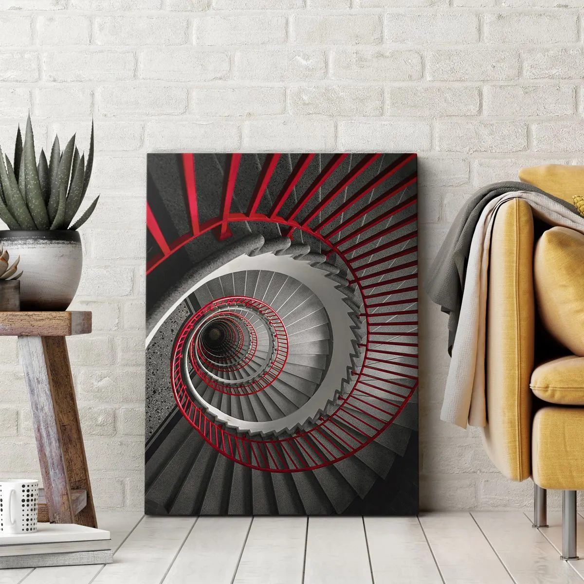 Impression sur toile - Image sur toile - Escalier en colimaçon avec rampes rouges dans une perspective dynamique - 50x70cm - Amusement architectural - Décoration murale moderne pour le salon et la chambre ARTTOR
