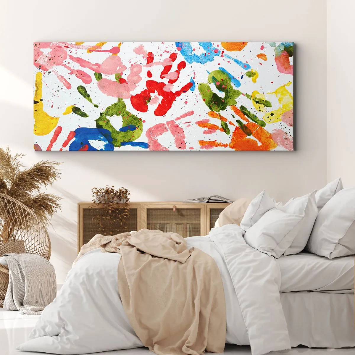 Impression sur toile - Image sur toile - Empreintes de mains colorées sur fond blanc - 120x50cm - Suivez les traces - Décoration murale moderne pour le salon et la chambre ARTTOR