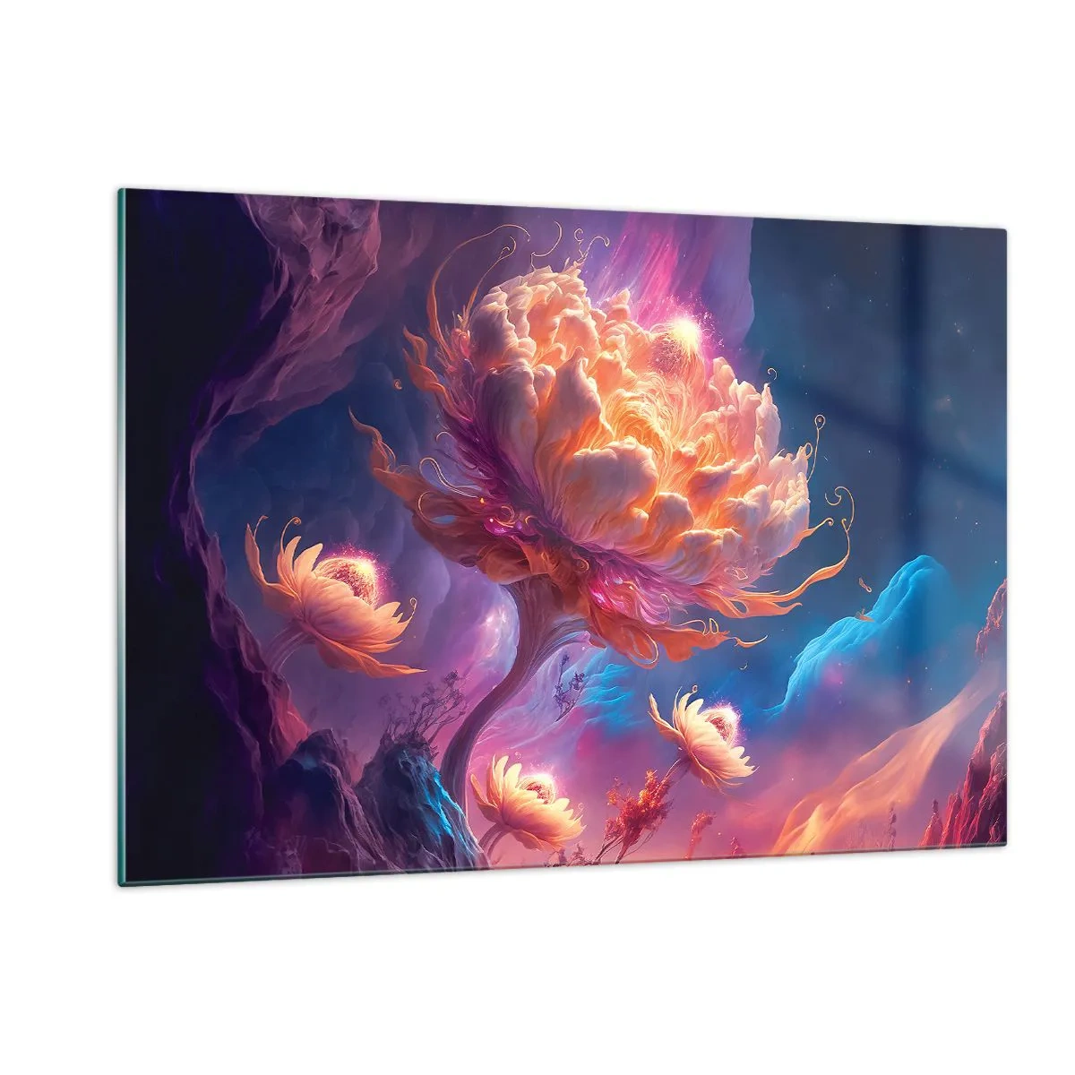 Impression sur verre - Image sur verre - Une fleur fantastique flottant dans un décor cosmique - 120x80cm - Un autre monde - Décoration murale moderne pour le salon et la chambre ARTTOR