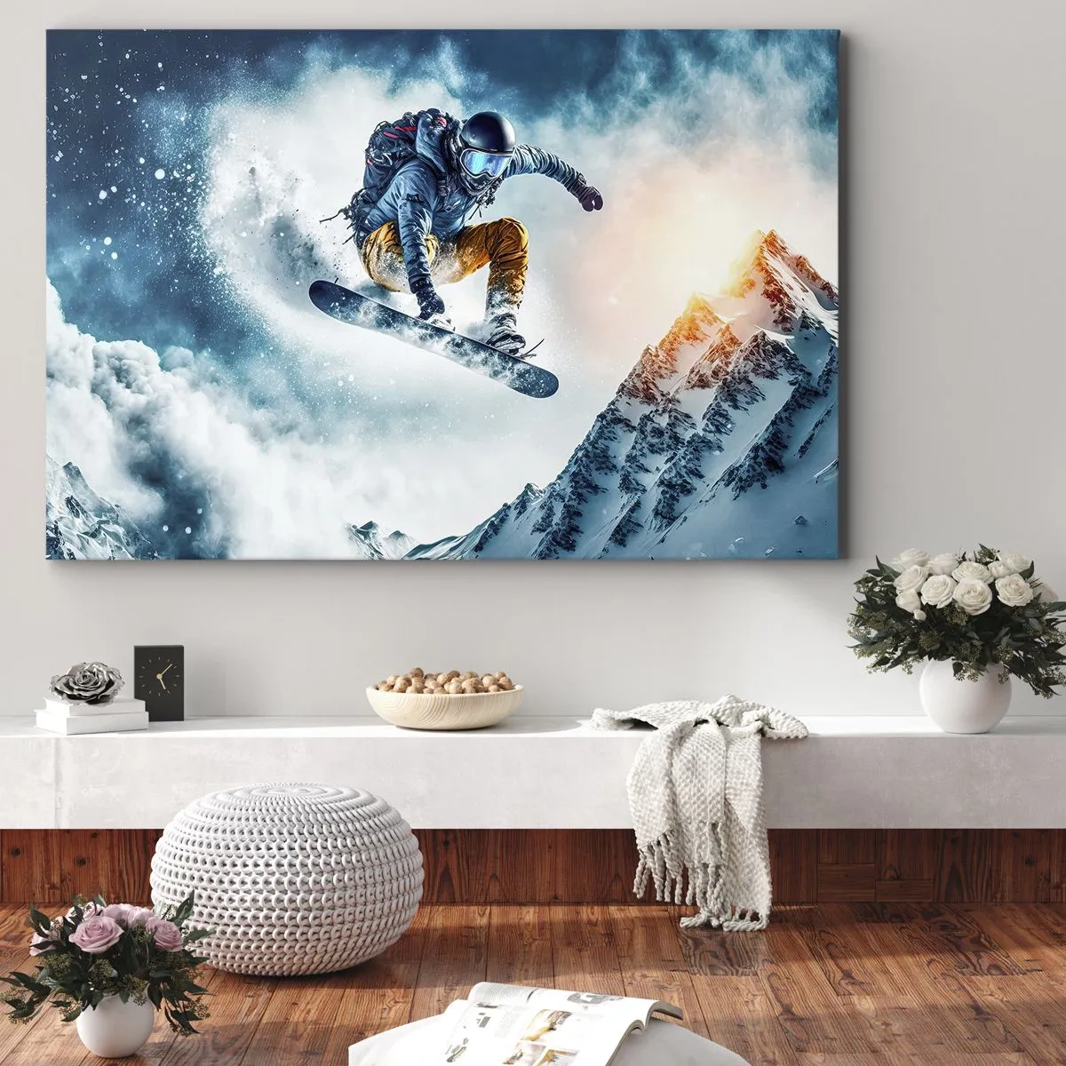 Impression sur toile - Image sur toile - Un snowboarder survole des montagnes enneigées - 100x70cm - Des émotions extrêmes - Décoration murale moderne pour le salon et la chambre ARTTOR