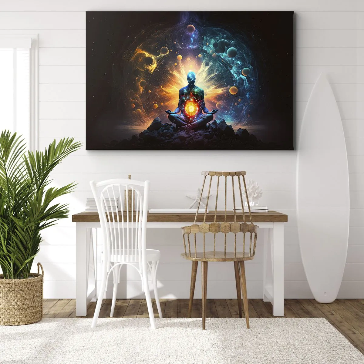 Impression sur toile - Image sur toile - Une figure en méditation entourée d'une aura cosmique - 70x50cm - Paix cosmique - Décoration murale moderne pour le salon et la chambre ARTTOR
