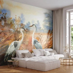 Papier Peint Photo Premium Canvas - Deux hérons sur fond de paysage d'automne - 100x70cm - Jusqu'où en automne ? - Décoration murale moderne pour le salon et la chambre ARTTOR