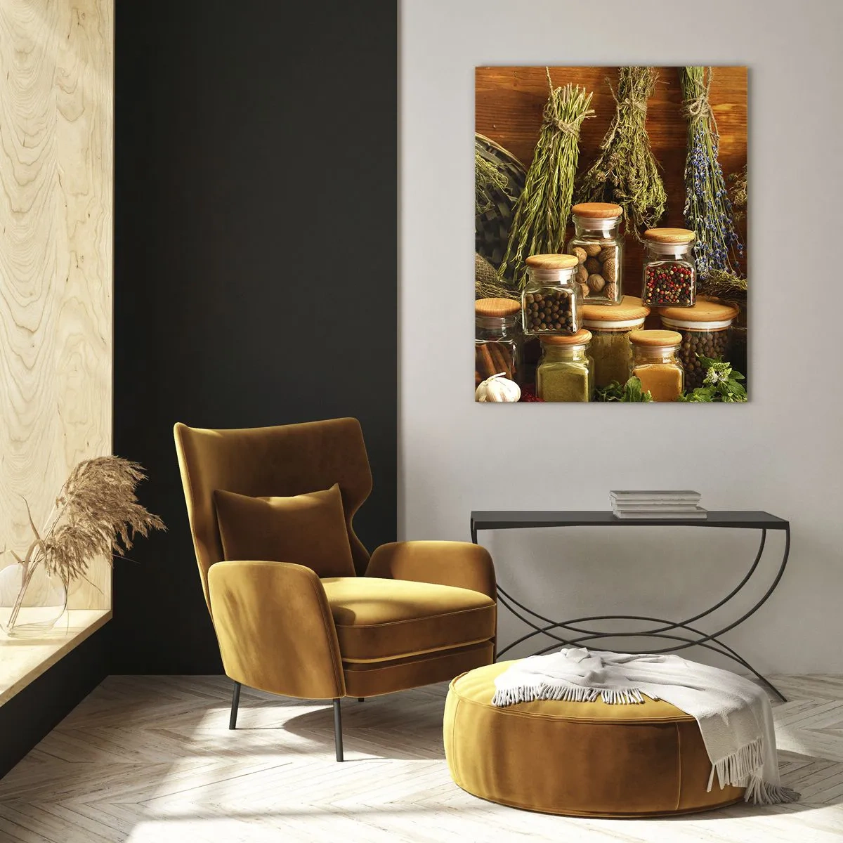 Impression sur verre - Image sur verre - Herbes et épices en pots sur fond de bois - 50x70cm - Sortilèges de cuisine - Décoration murale moderne pour le salon et la chambre ARTTOR