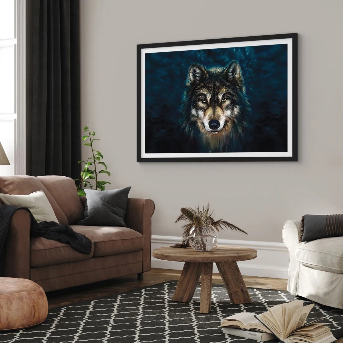 Affiche dans un cadre noir - Poster - Portrait d'un loup sur fond bleu foncé - 70x50cm - Alpha? Et oméga - Décoration murale moderne pour le salon et la chambre ARTTOR
