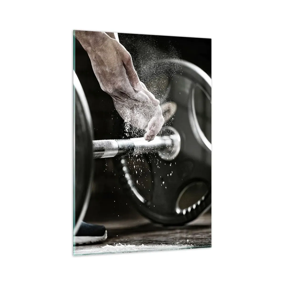 Impression sur verre - Image sur verre - Des haltères et les mains d'un athlète se préparant à l'entraînement - 80x120cm - Défi accepté! - Décoration murale moderne pour le salon et la chambre ARTTOR