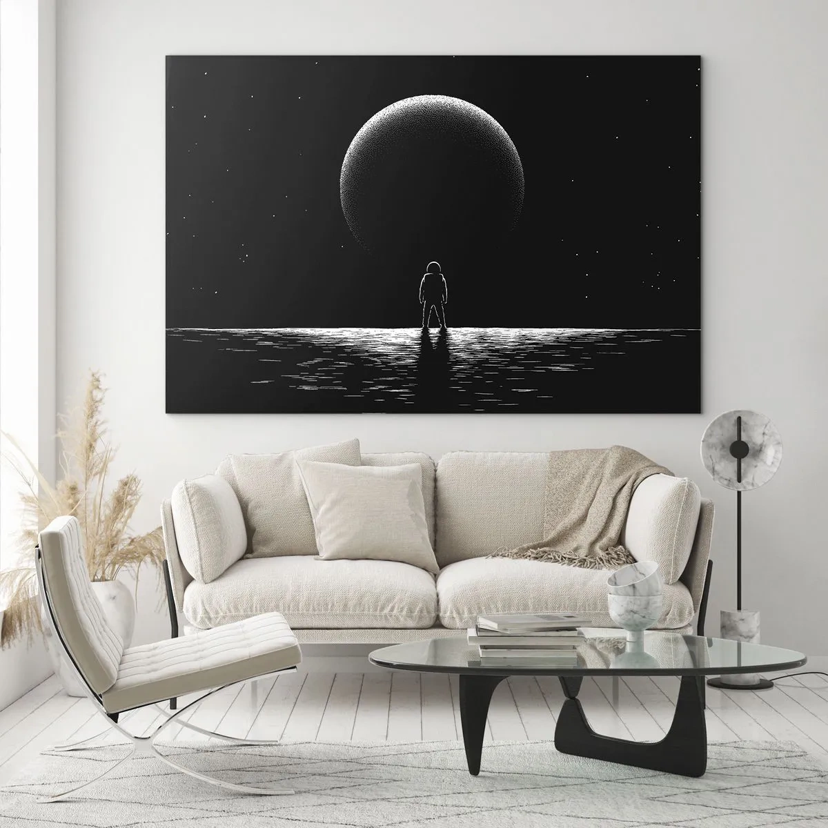 Impression sur verre - Image sur verre - Astronaute debout devant une planète en noir et blanc - 70x50cm - Face à face - Décoration murale moderne pour le salon et la chambre ARTTOR