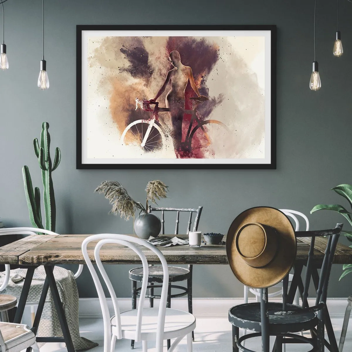 Affiche dans un cadre noir - Poster - Silhouette abstraite avec un vélo dans un style artistique - 70x50cm - Une âme de vélo aux formes marbrées - Décoration murale moderne pour le salon et la chambre ARTTOR