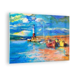 Impression sur verre - Image sur verre - Rainbow Bay avec un phare et des bateaux colorés dans le port - 70x50cm - Un après-midi dans la baie arc-en-ciel - Décoration murale moderne pour le salon et la chambre ARTTOR